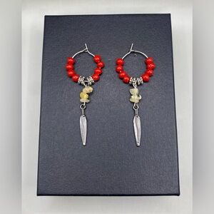 🌼🪶Citrine Pewter Feather Hoop Earrings